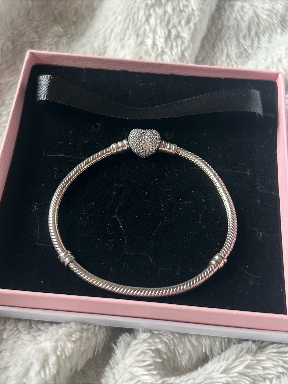 Sterling Silver Heart Charm Snake Chain Pandora Bracelet - Silver